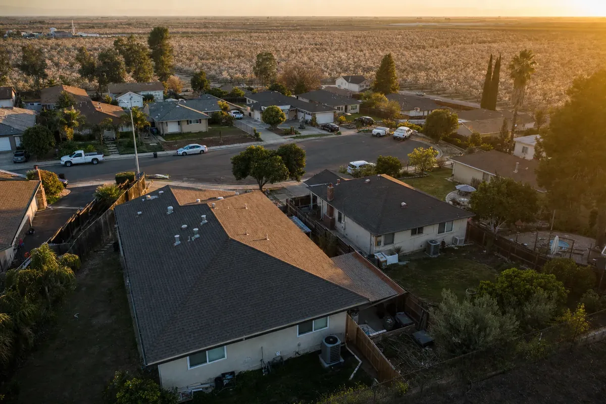 Aerial view of a Central Valley California residential neighborhood at sunset