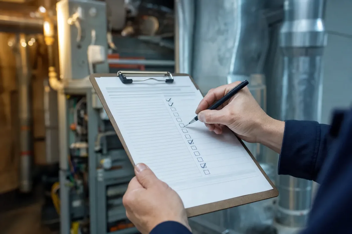 Technician documenting HVAC diagnostic findings on a clipboard