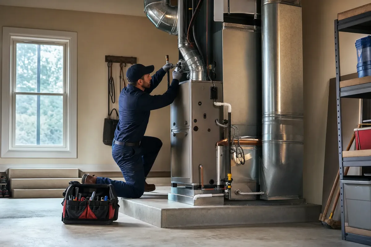 Technician installing a new residential furnace