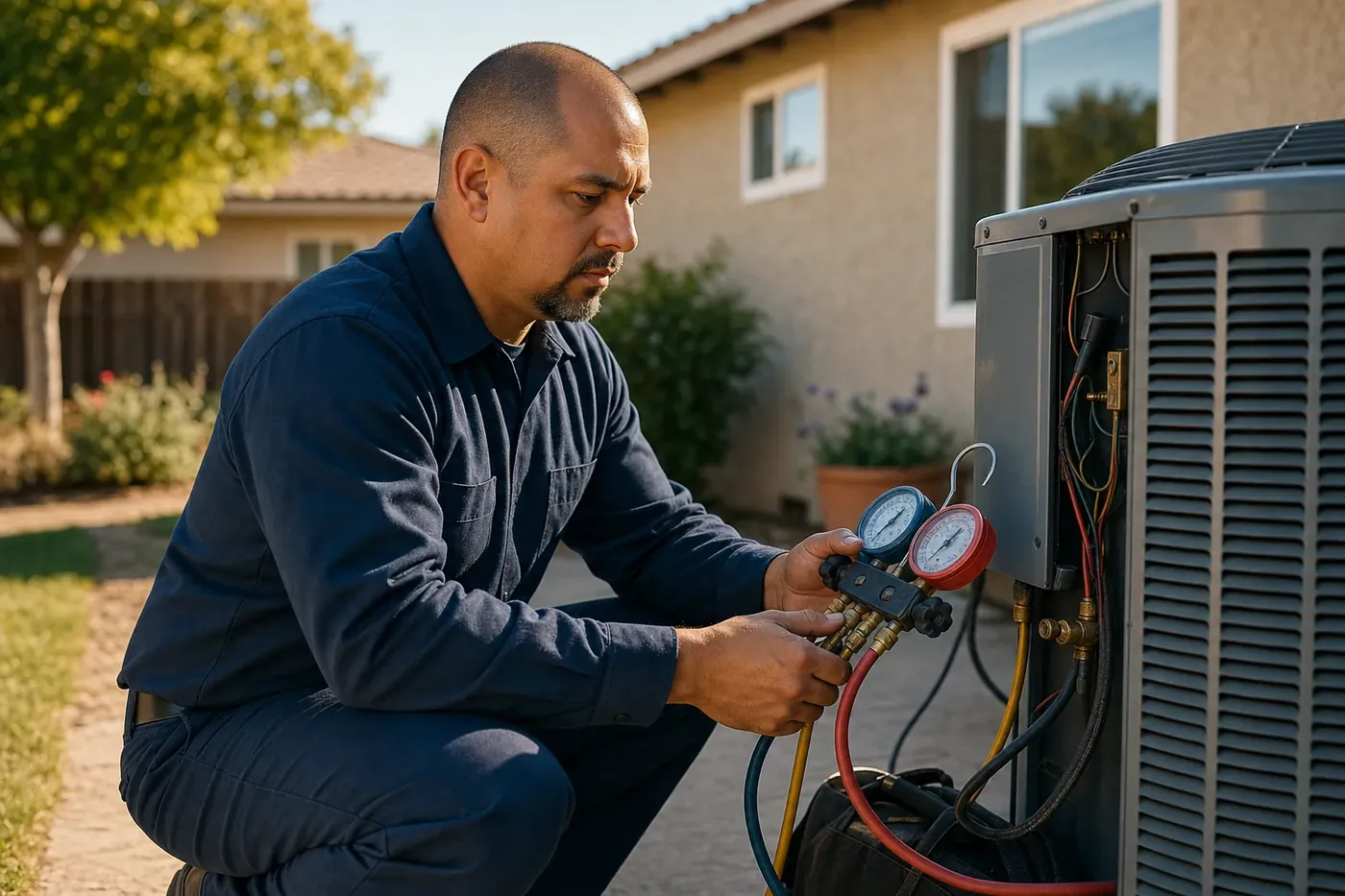 United Heating & Air technician diagnosing a central air conditioning unit with a digital manifold gauge