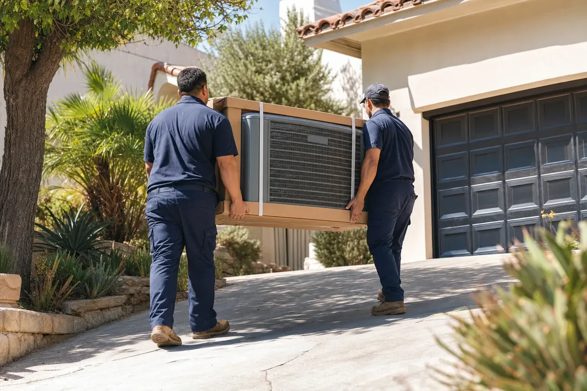 Technicians delivering a new AC unit to a Central Valley home